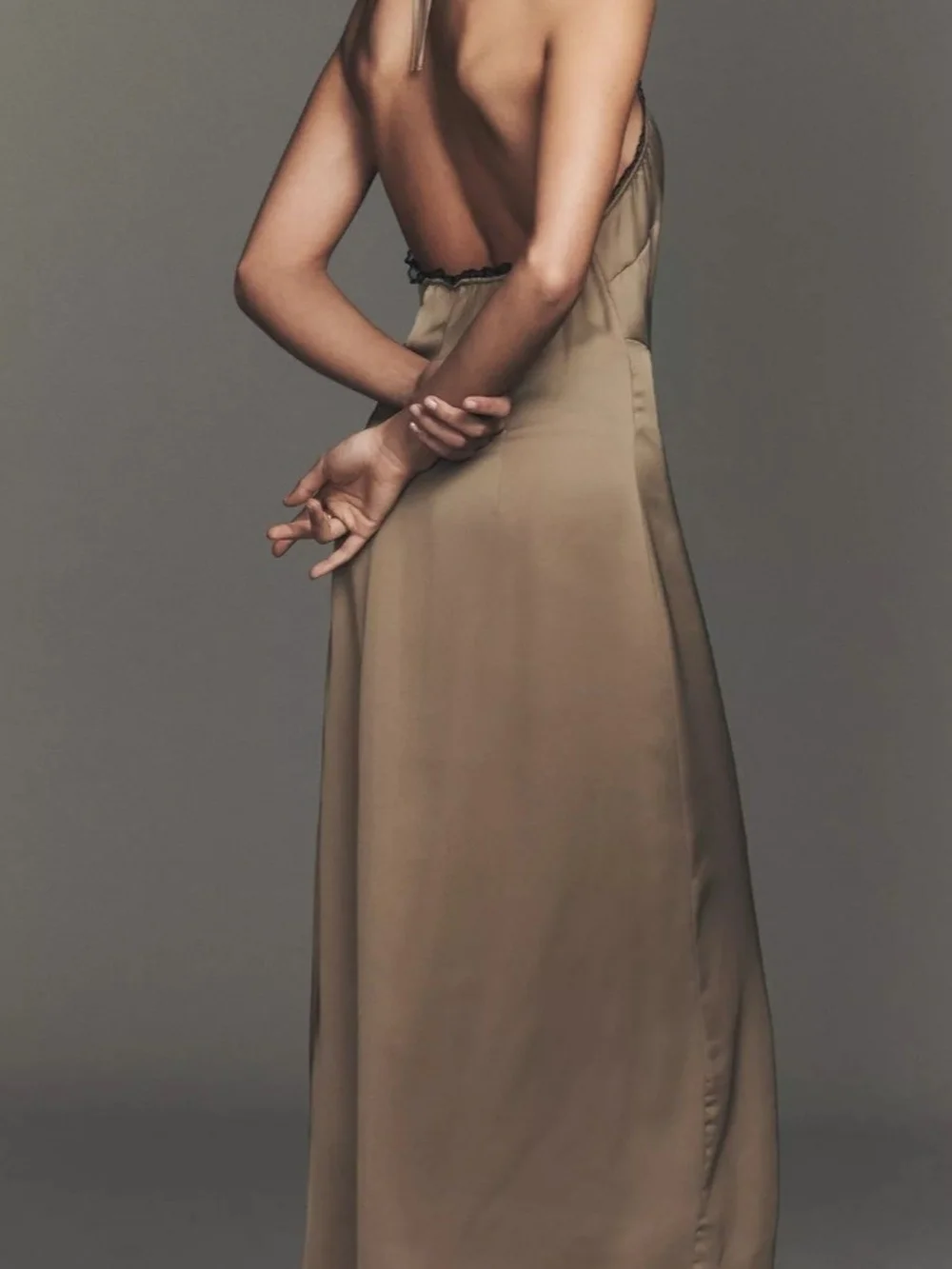 Anthropologie Taupe Slip Dress with Black Lace V-Neck